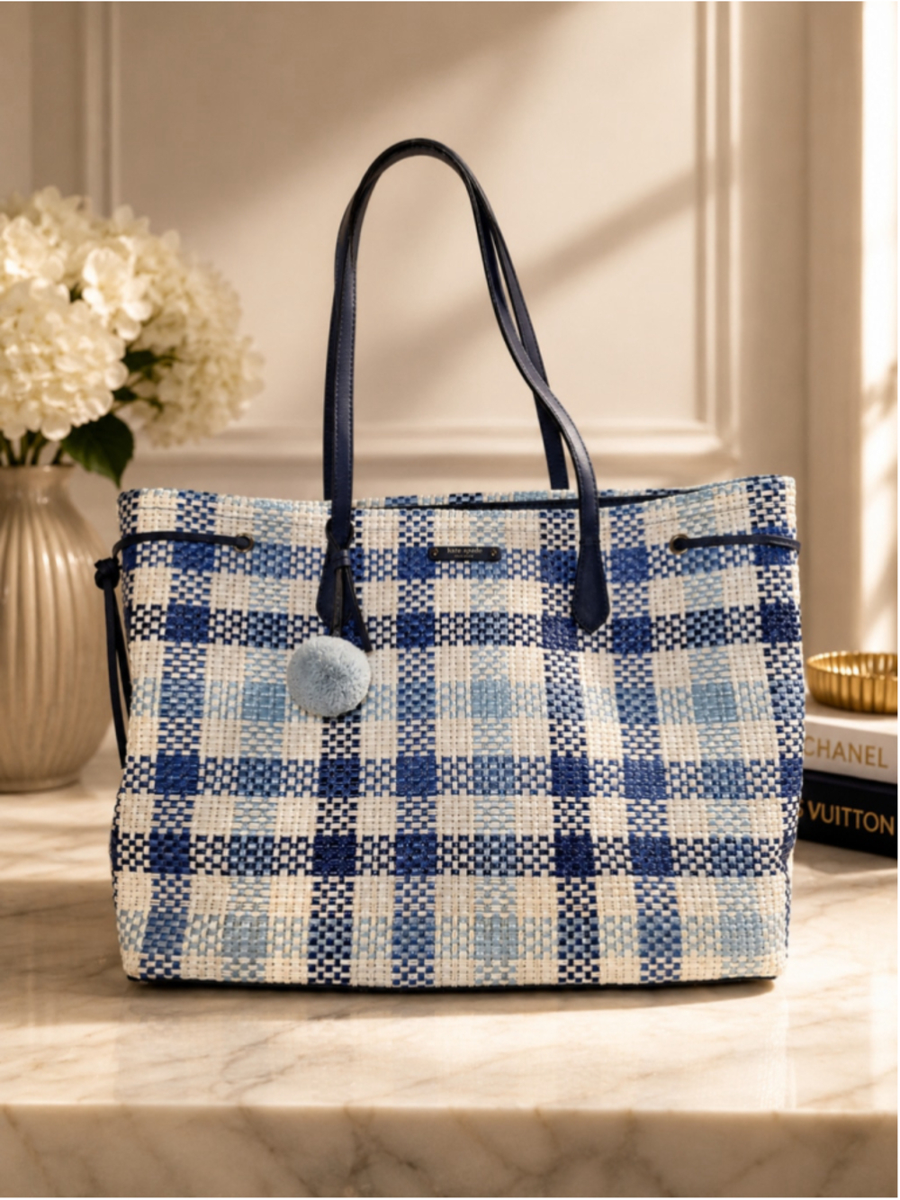 Women's Kate Spade Plaid Woven Tote Bag One Size Blue and White - Picture 1 of 9